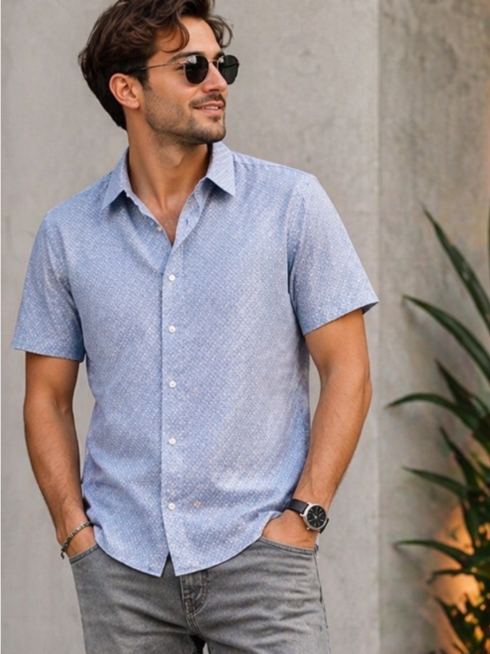 💙🤍Bixby Nomad Slim Fit Shirt Men’s XL Blue Pattern Short Sleeve Button Up Casual